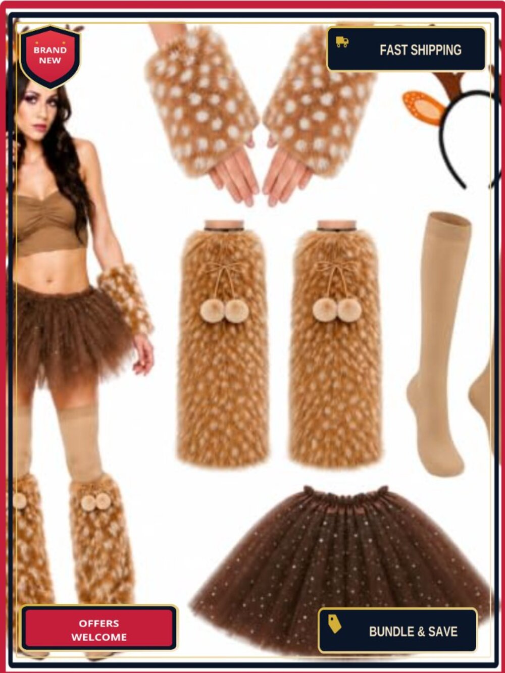 5 Pc Deer Costume Set Faux Fur Leg Warmers Wrist Cuffs Antler Headband Tutu
